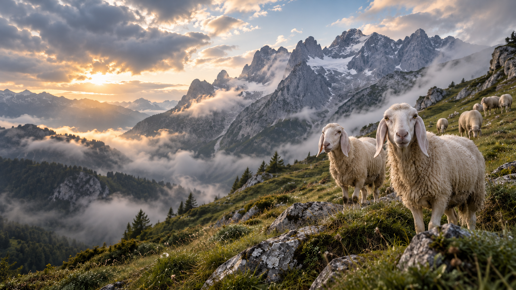 Bergschafe vor einer nebelverhangenen Alpenlandschaft